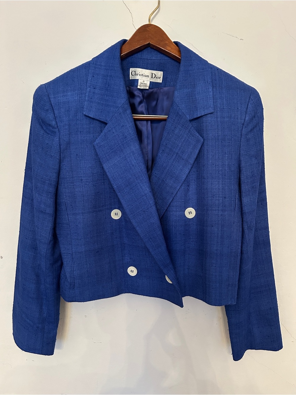 Vintage Christian Dior Women's Cropped Double-Breasted Jacket - Blue